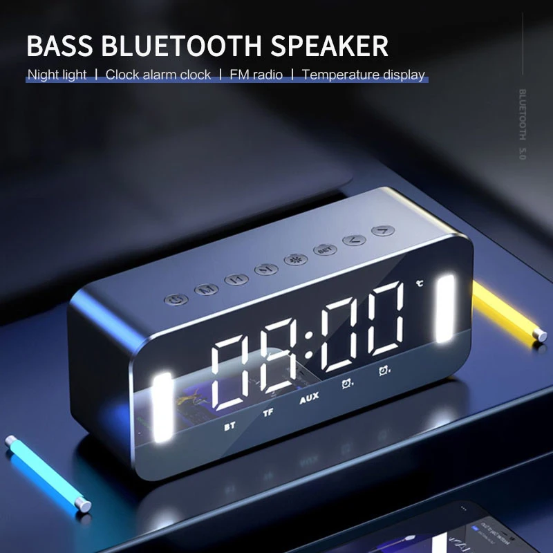 

LED Mirror Alarm Clock Wireless Bluetooth Speaker Stereo Bass Night Light Digital Electronic Clock Temperature Display FM Radio