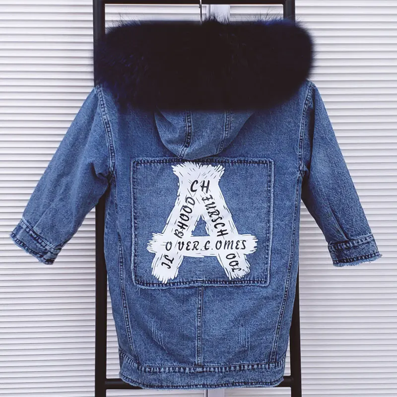 Blue NavyBule Зимнее Детское пальто с натуральным мехом Длинные парки для девочек и мальчиков теплая Плотная джинсовая куртка с капюшоном и отстегивающимся кроличьим мехом - Цвет: Blue NavyBule