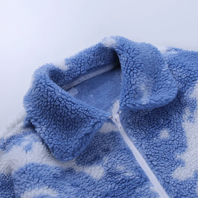 Blue Winter Tie Dye Print Lambswool Jackets for Women Vintage Harajuku Cozy Faux Fleece Coats Oversized Casual Jackets Zipper Up