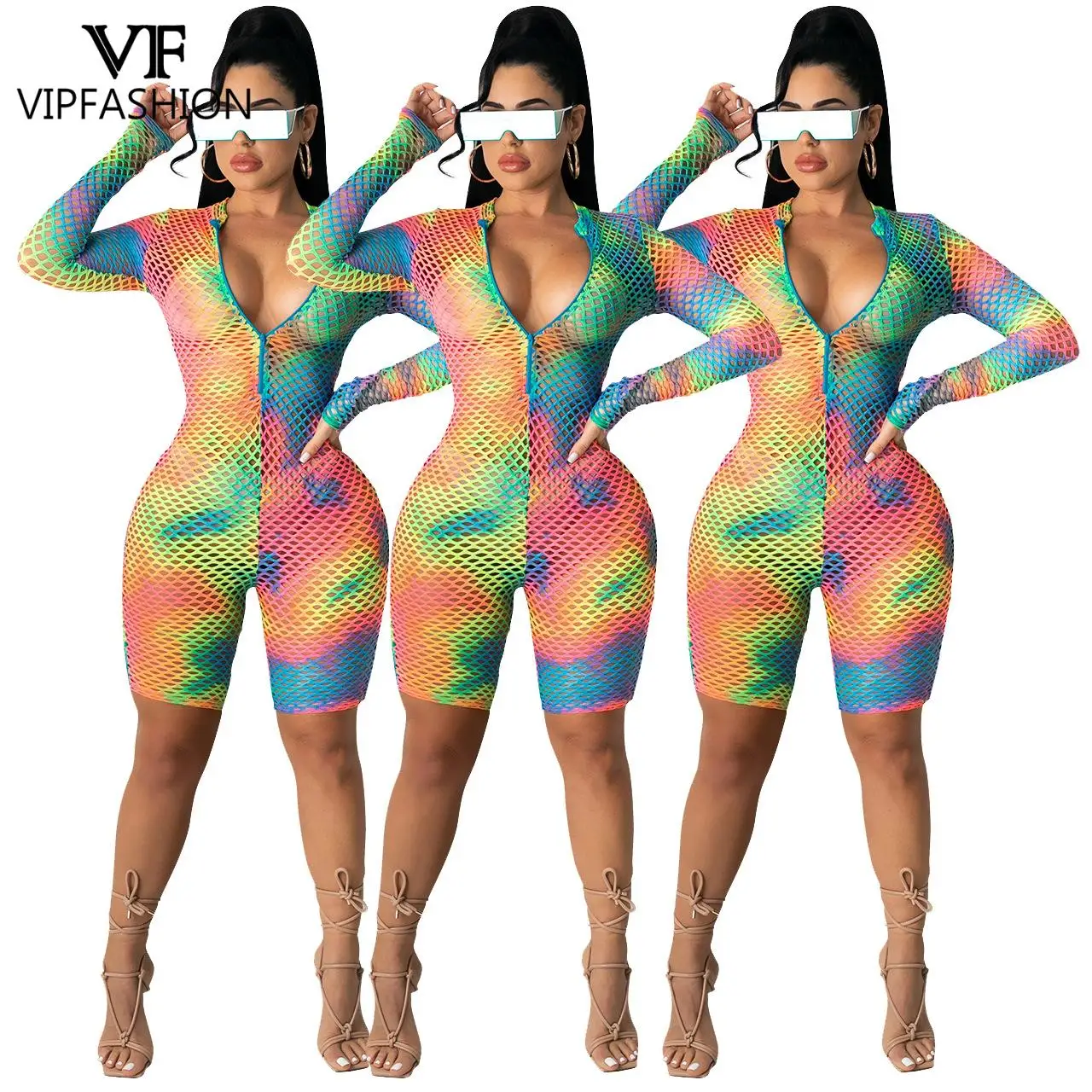 

VIP FASHION New Mesh Tie-Dye Printed Rompers Sexy Hollow O-Neck Slim Women's Clothing Summer Long-Sleeved Playsuits with Zipper