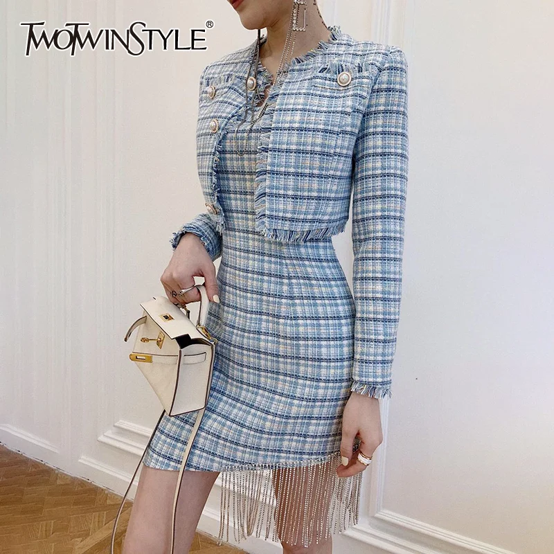 Женский комплект из двух предметов TWOTWINSTYLE клетчатое короткое пальто с