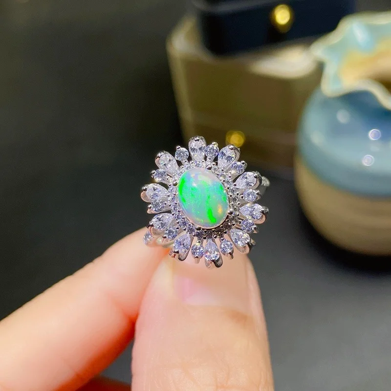 

Natural Opal Gem Stone Ring Natural Gemstone Ring 925 Sterling Silver Trendy Elegant Round Flowers Women's Girl Gift Jewelry