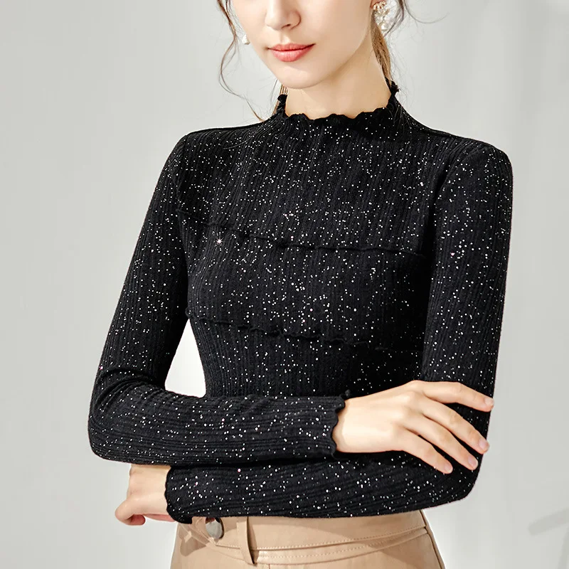 

Half high collar bottomed shirt with Auricularia edge new style in autumn and winter with long sleeve T-shirt
