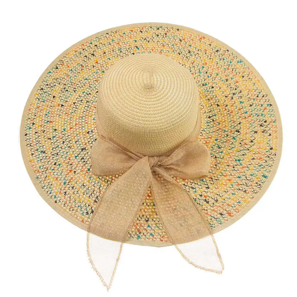 

Ladies Summer Seaside Beach Sunscreen Leisure Breathable Foldable Linen Blend Wide-Brimmed Dome Sun Hat With Adjustable Bow