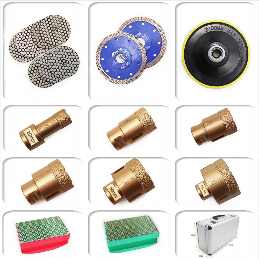 

SHDIATOOL 1set/19pcs Golden M14 20/35/38/43/50/68mm Vacuum Brazed Diamond Hole Saw Drill Bit & Polishing Pads And Back Pad Set