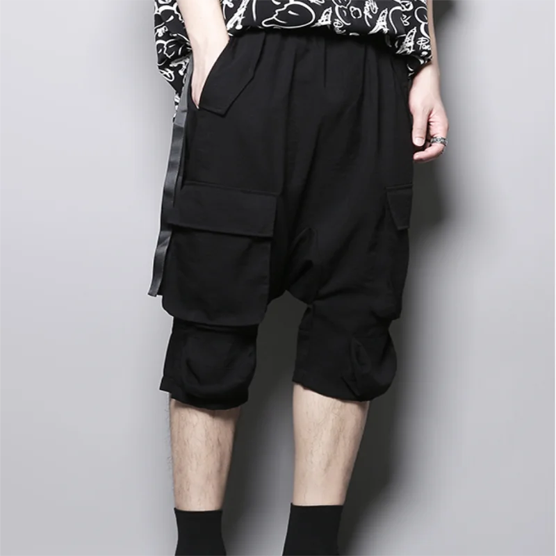 Men's Casual Shorts Summer New Dark Elastic Waist Personality Cargo Pants Design Low Grade Straight Tube Skinny Leg Shorts