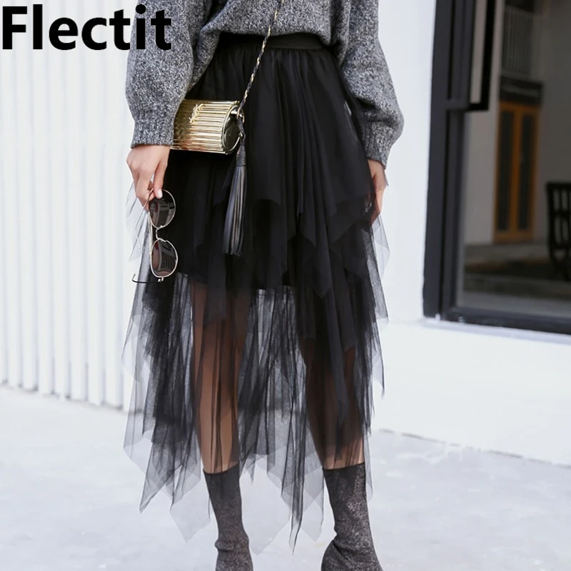 2017 Весна Лето Нерегулярные 3 Слоев Туту Принцесса Юбка Миди сетка Тюль Юбки