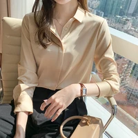 qoerlin 8 colors women satin blouse long sleeve single breasted turn down collar solid work wear white champagne white s 2xl top