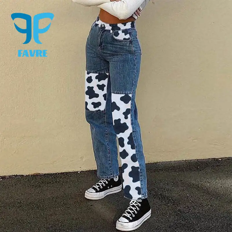 

Женские джинсы FAVRE, Осенние уличные прямые брюки с высокой талией, повседневные мешковатые брюки из коровьей кожи, свободные брюки