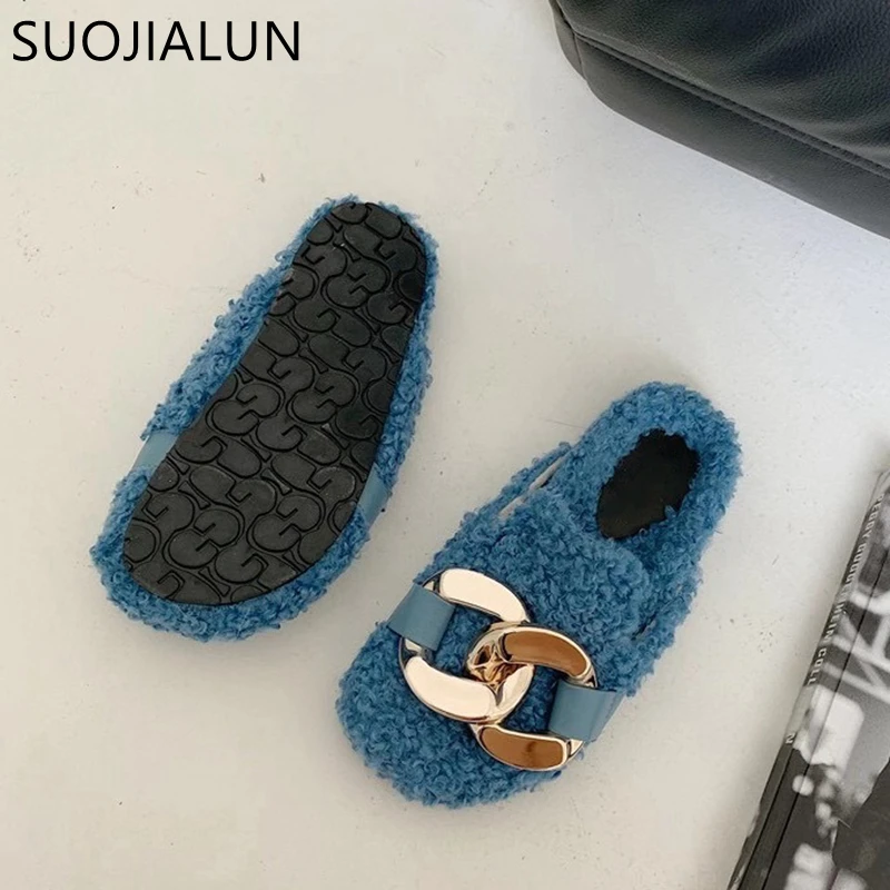 SUOJIALUN New Brand Gold Chain Women Mules Slippers Winter Warm Fur Slides Casual Flat Heel Flip Flops House Shoes Slip On Loafe | Обувь