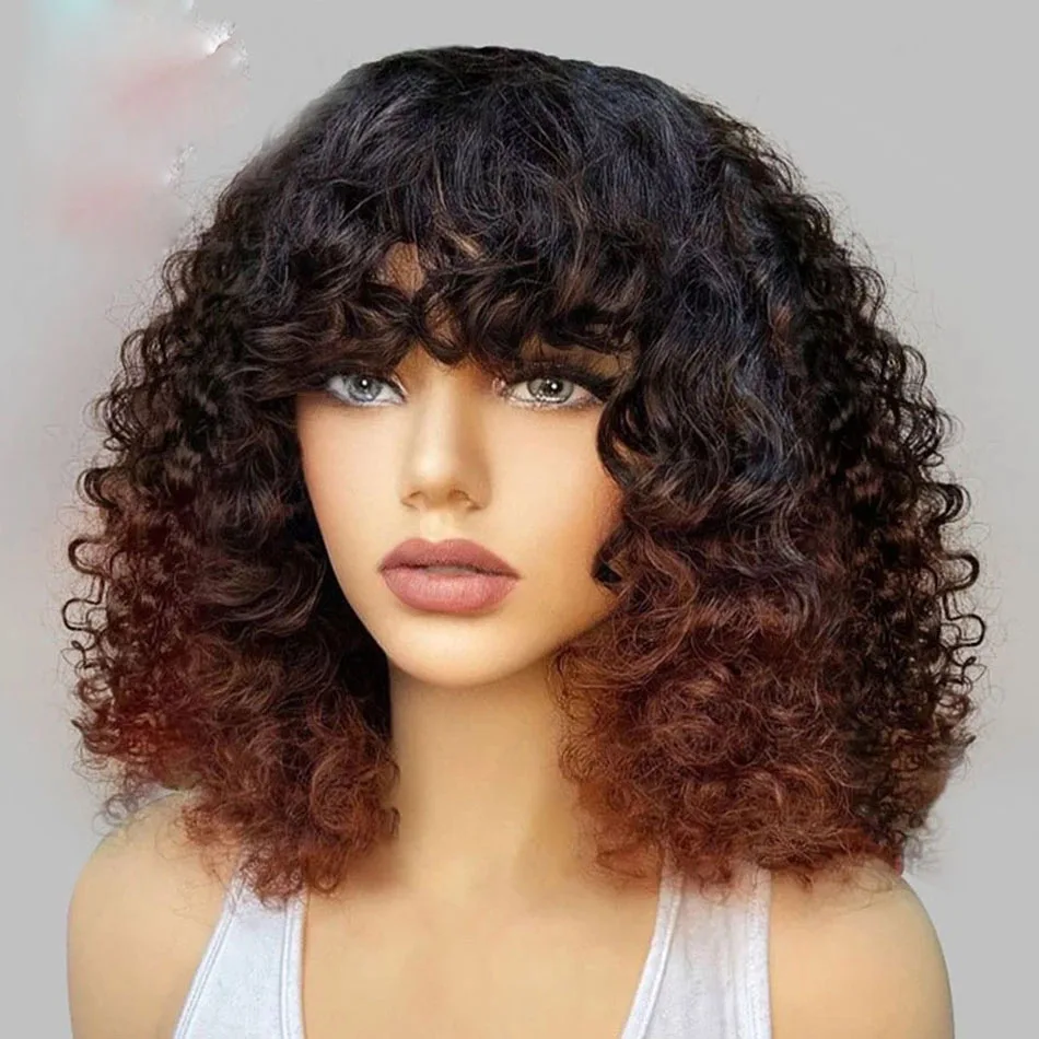 

Ombre Brown Bouncy Curly Human Hair Wigs With Bangs Kinky Curl yGlueless Full Machine Made Peruvian Remy 250Density Fringe Wig