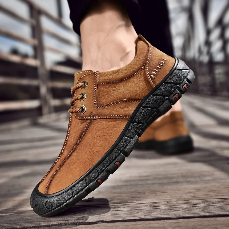 Handmade Genuine Leather Men Shoes Lace-Up Outdoor Casual Sneakers Thick Bottom Stitch Non-Slip | Обувь