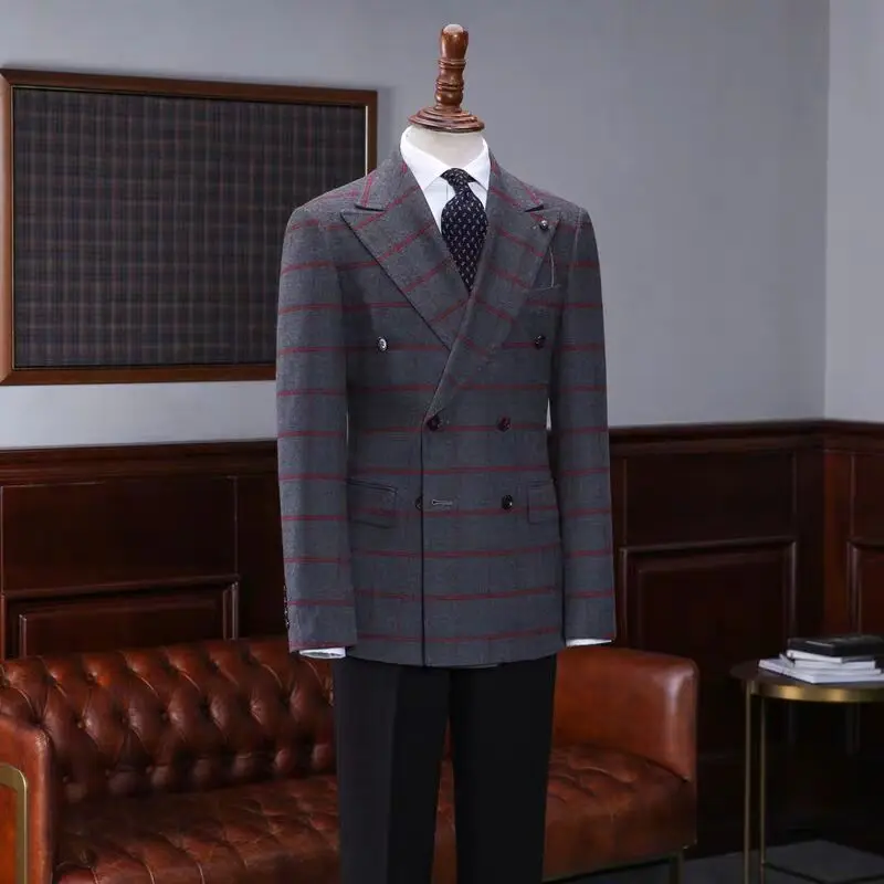 2021 Fashion Double Breasted Plaid Men Suits Wedding Blazer Terno Masculino Formal Groom Wear Peaked Lapel Tuxedos Coat Pants