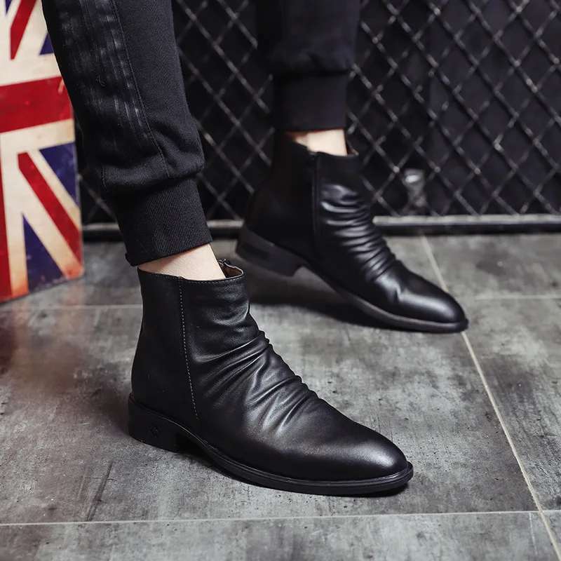 Мужские модные ковбойские ботинки в Корейском стиле обувь из натуральной кожи с