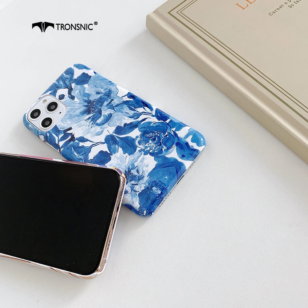 leaf flowers glossy phone case for iphone 12 11 pro max xr xs max rose hard pc blue luxury case for iphone 6s 7 8 plus cover hot free global shipping