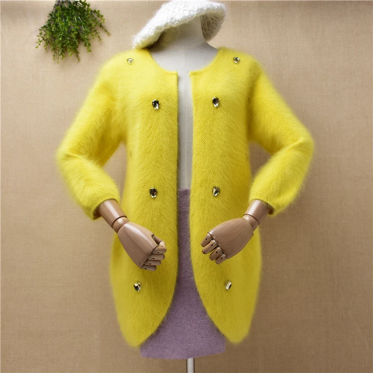

female women fashion beading hairy mink cashmere knitted three quarter sleeves slim cardigans angora fur jacket coat sweater top