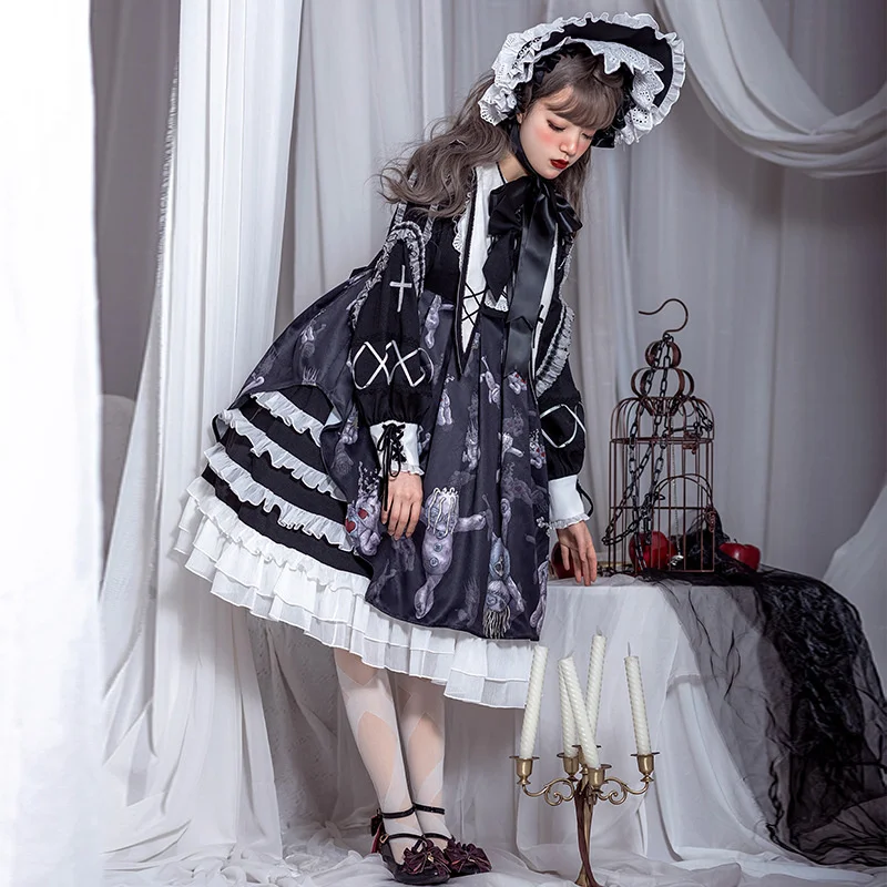 

Cherry Love Disgruntled Design Dark Lovely Lolita Long Sleeve OP Dress Doll Feeling