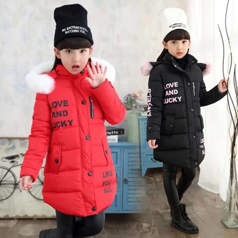 

Fashion Winter Children Warm Jackets Teenage Hooded Thick Letter Pattern Outerwear For Girl Fur Collar Coat Childrens Clothing