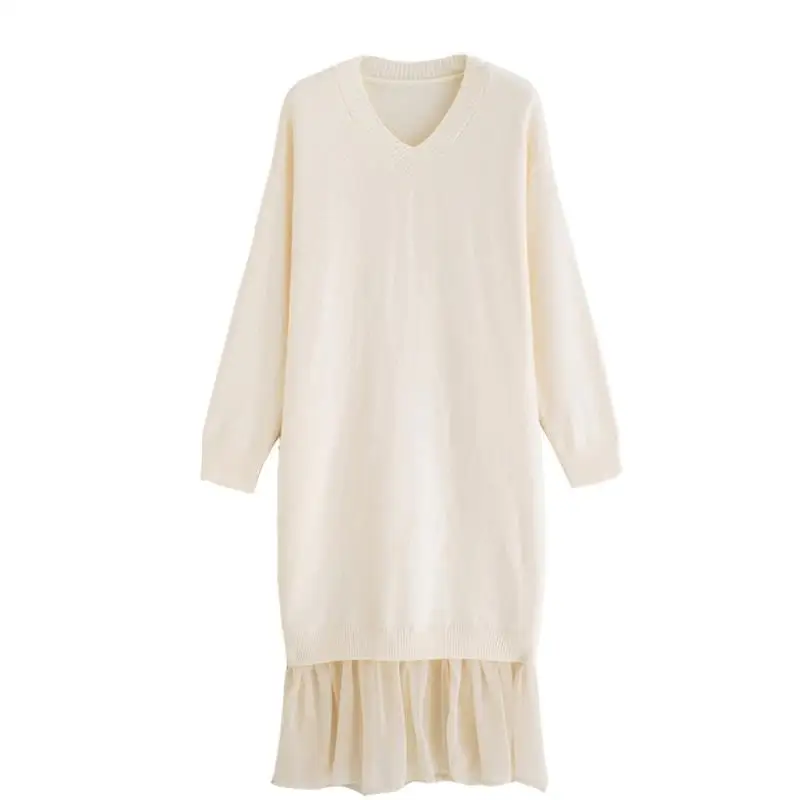 

Casual V-neck Loose Women Clothing Sweater Dress Elegant Autumn Winter Dress Ruffles Patchwork Female Long Knitted Vestidos 2020