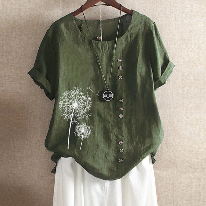 

Plus Size Cotton Linen Shirt Women Dandelion Floral Print Summer Autumn Tops Fashion Single Breasted Design Tops and Blouses