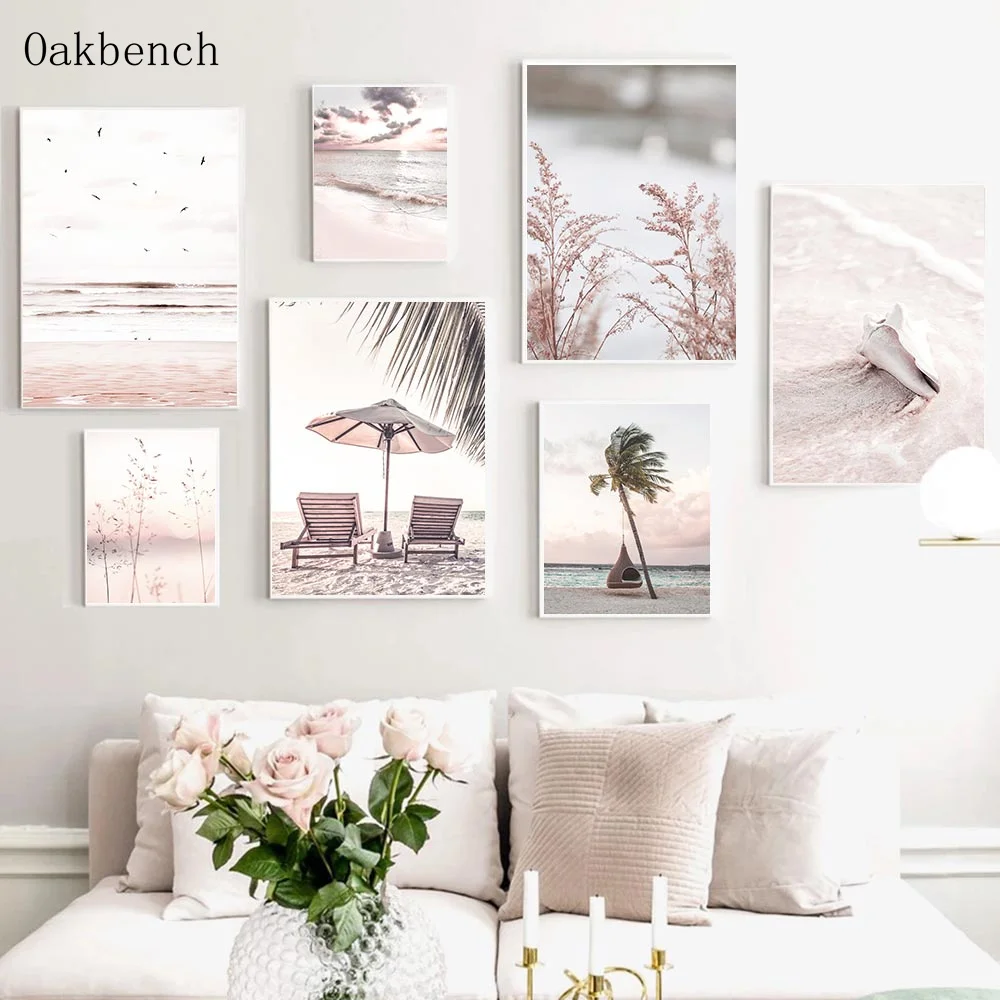 Картина на холсте с изображением розового Морского Пейзажа пляжа солнечного