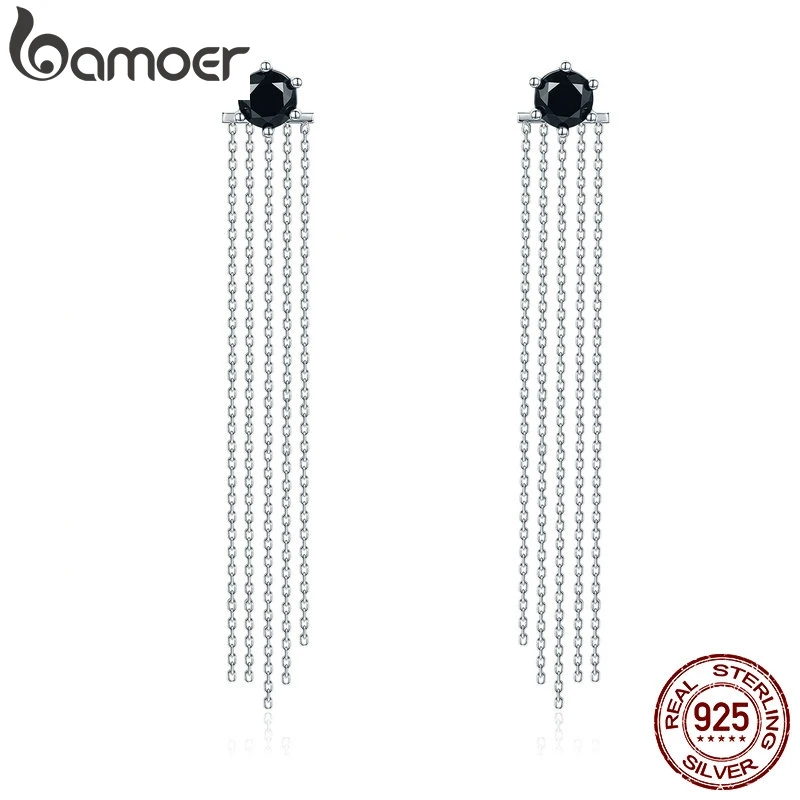 BAMOER, винтажные, 925 пробы, серебряные, двухсторонние, черные, CZ, с кисточками, с ушками, куртка, висячие серьги, Femme Brincos, ювелирные изделия SCE055