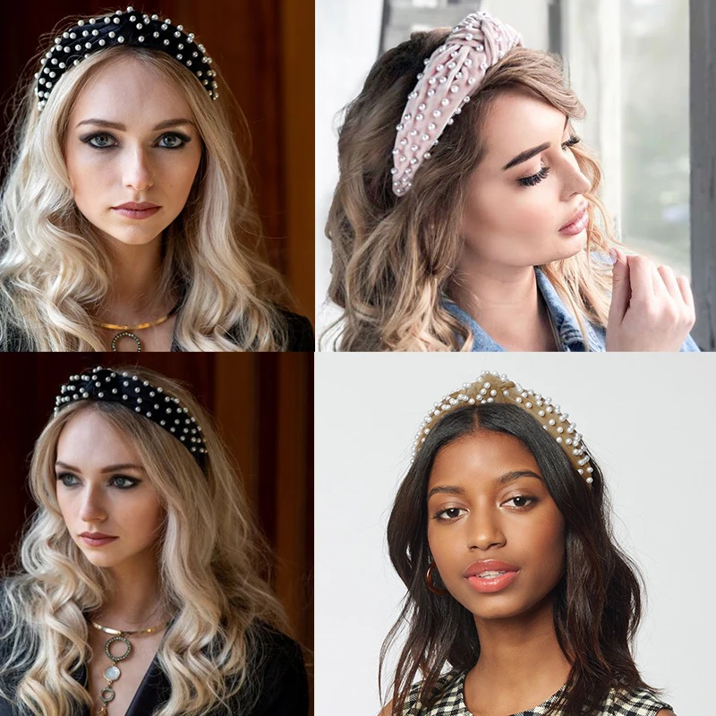 Женский бархатный ободок с жемчужинами Molans черный искусственным жемчугом 4 см