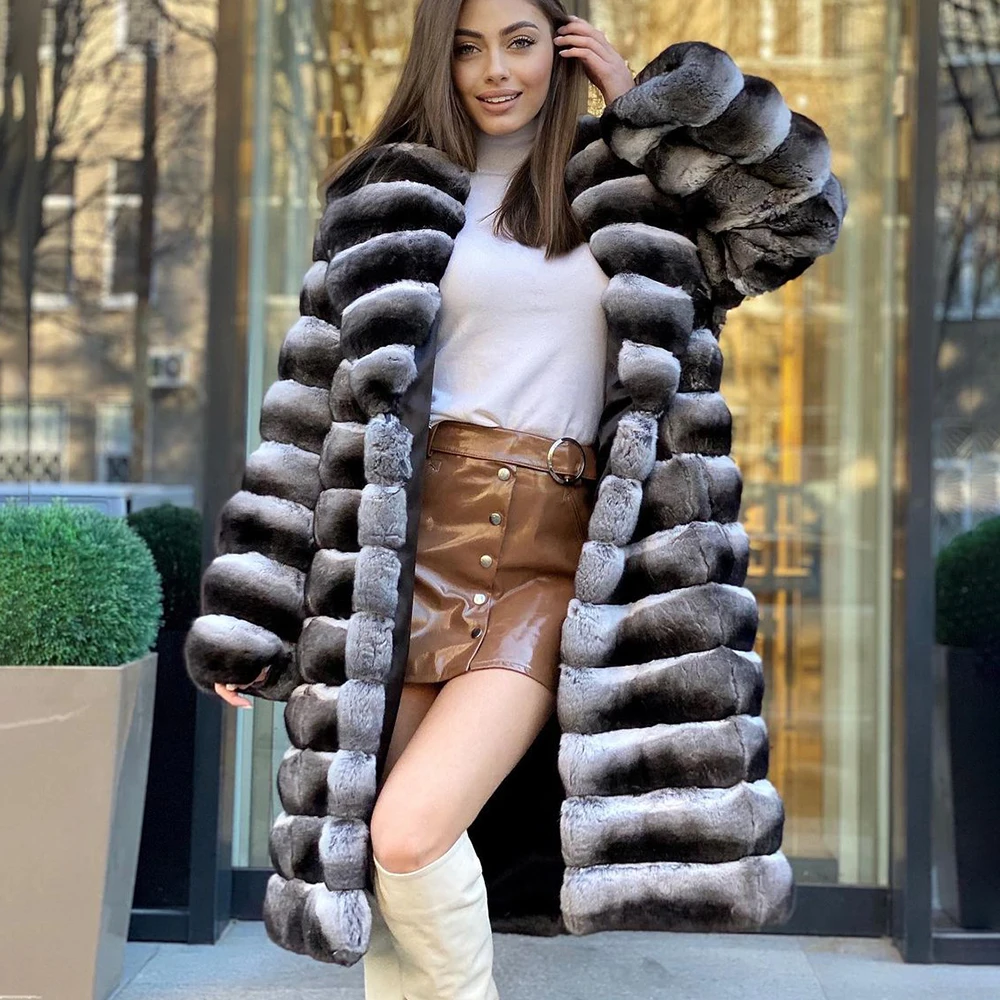 100cm Real Rex Rabbit Fur Coats with Big Lapel Collar 2022 Winter New Woman Natural Rex Rabbit Fur Coat Outwear Chinchilla Color