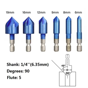 6 шт. 6-19 мм 90 градусов 5 флейт фаски набор сверл HSS фаски Резак нано синий покрытием зенковки сверло