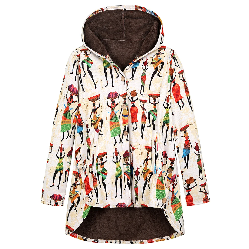 

Winter Plus Velvet Parkas Coat Female Printed Hooded Coat Women Loose Top Long Sleeve Button Coat Female Casual Top Women Parkas