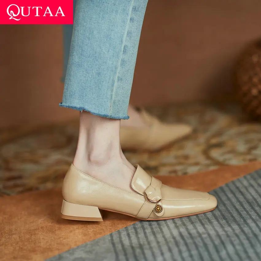 

QUTAA/2021 г. Классические женские туфли-лодочки из натуральной кожи с квадратным носком Элегантная модная женская обувь на низком квадратном к...