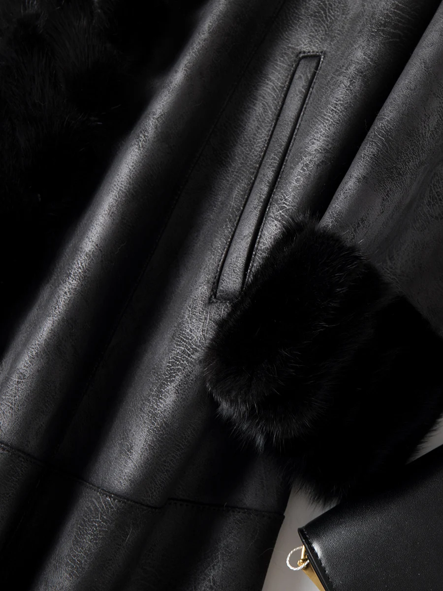 Шуба из натурального кролика Женская винтажная куртка с воротником меха норки