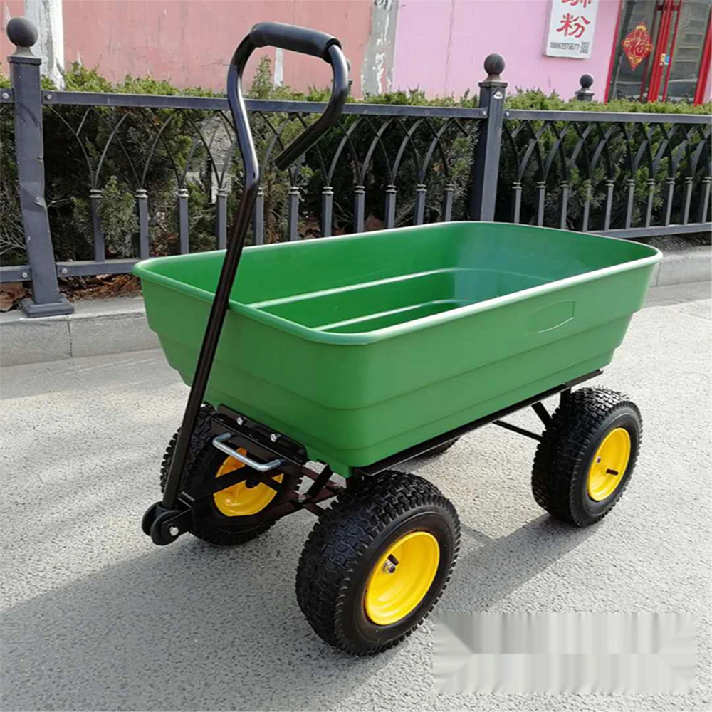 

Yard Rover 4 Tire Wheelbarrow Garden Cart Heavy-Duty Poly Yard Dump 2-In-1 Convertible Handle 1200 lbs Capacity