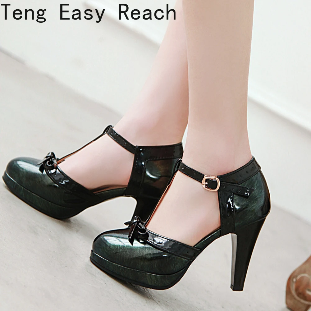 

2021 High Heels Women Pumps Patent Leather Bow Block High Heel T-Strap Shoes Buckle Round Toe Party Shoes Lady Black Size 32-43