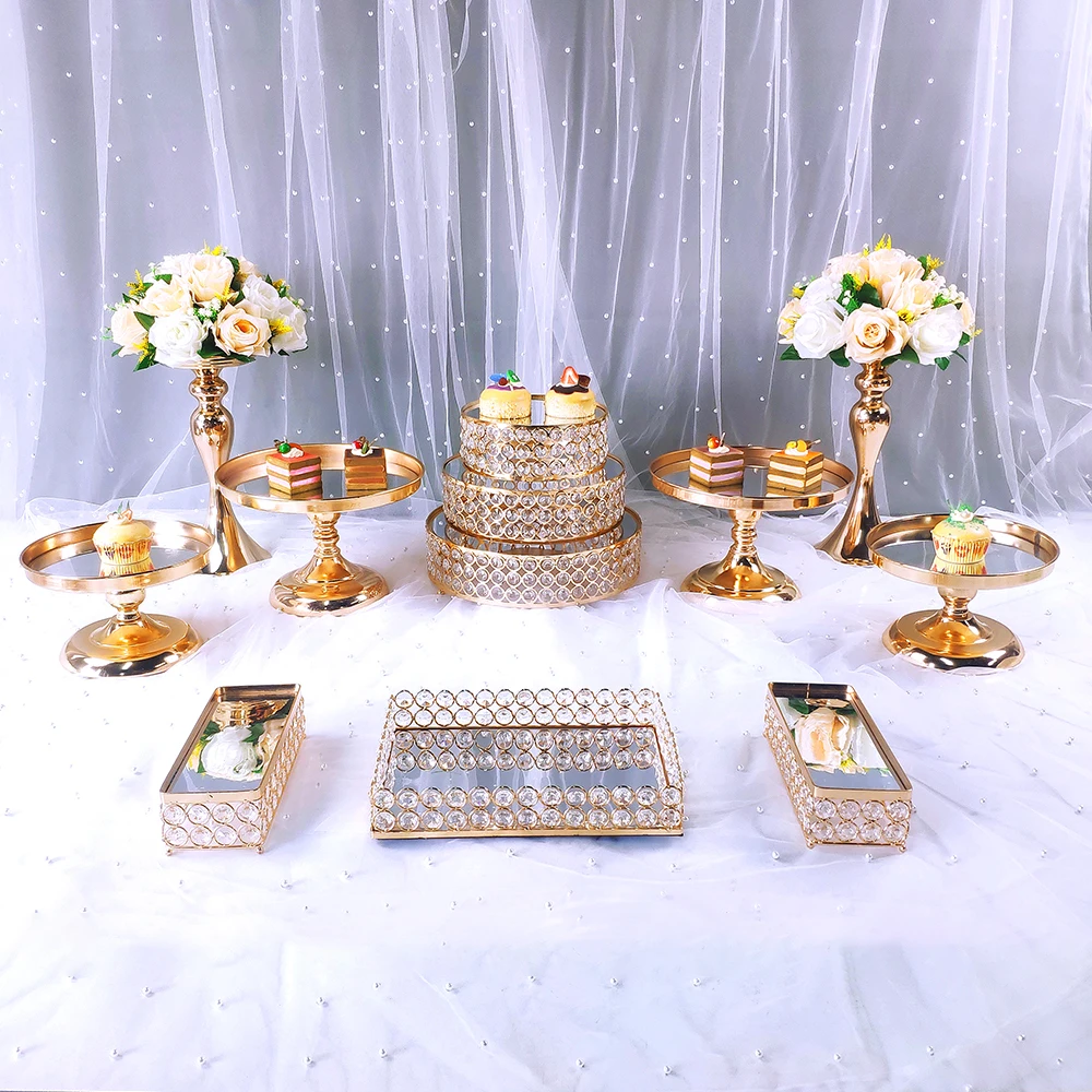 Espejo de decoraci&oacute;n de boda, soporte de pastel de Metal dorado, expositor de magdalenas de 3 niveles, 8-13 piezas-4