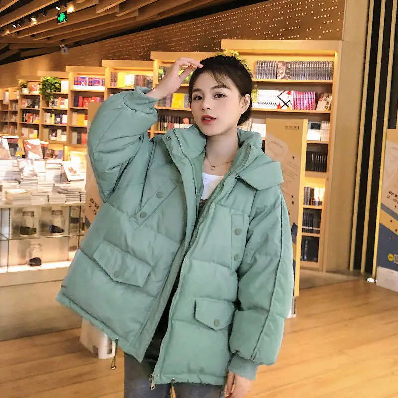 

Casaco de inverno feminino, jaqueta grossa quente de algodão com bolsos duplos, parka verde