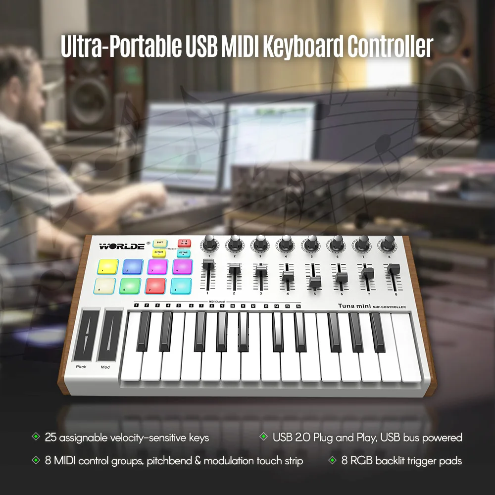 WORLDE TUNA MINI Worlde Ультрапортативный Профессиональный 25 клавишный USB MIDI барабанный