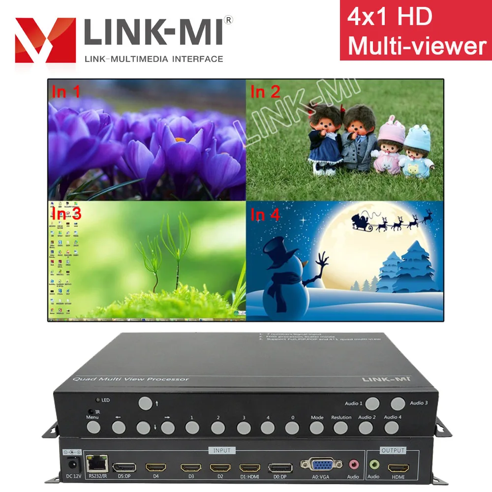 LINK MI 4X1 четырехъядерный мультиплексор HDMI/VGA/DP 7 в 1 выход HDMI переключатель PIP RS232