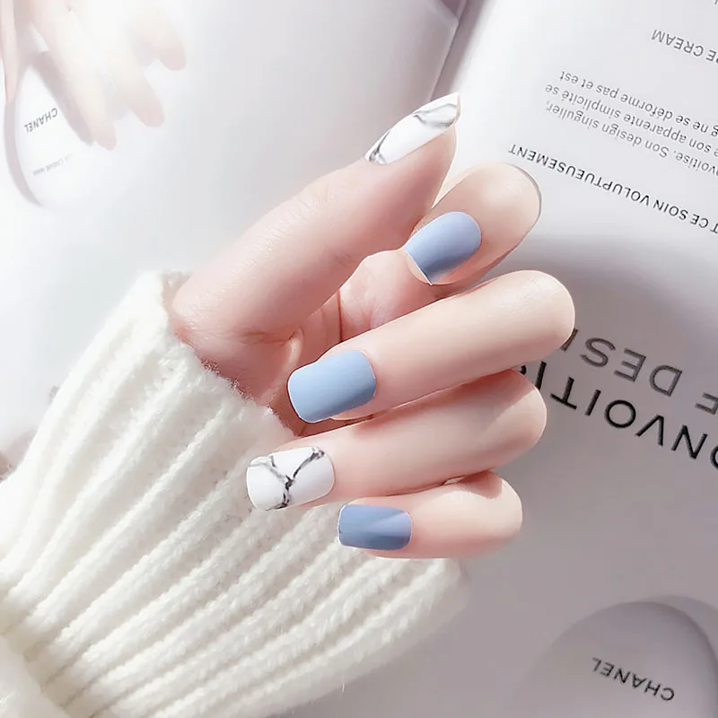 style14 Летние простые накладные ногти синего цвета для девочек, модные накладные ногти в американском стиле, короткие накладные ногти DIY, полностью покрывающие ногти с клеем - Цвет: style14