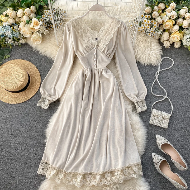 Женское бархатное платье в стиле ретро шикарное милое кружевное с v образным