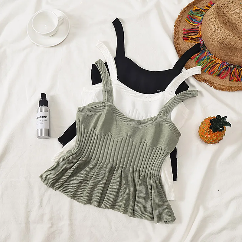 Женский топ на бретелях спагетти с открытой спиной и оборками|Топы| |