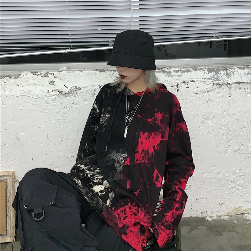 red black Контрастная Футболка с принтом в виде граффити, футболка с капюшоном, пуловер, Harajuku, уличная одежда, корейский стиль, для женщин и мужчин, свободная, в стиле панк - Цвет: red black