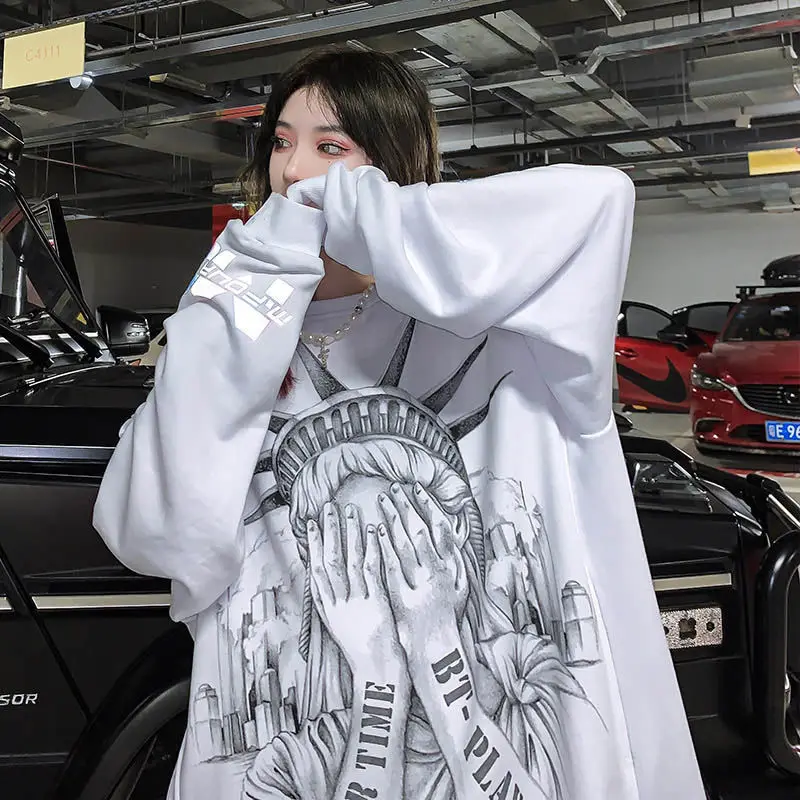 

Women's leisure printed long sleeve round collar loose reflective hip hop hoodie for autumn and winter