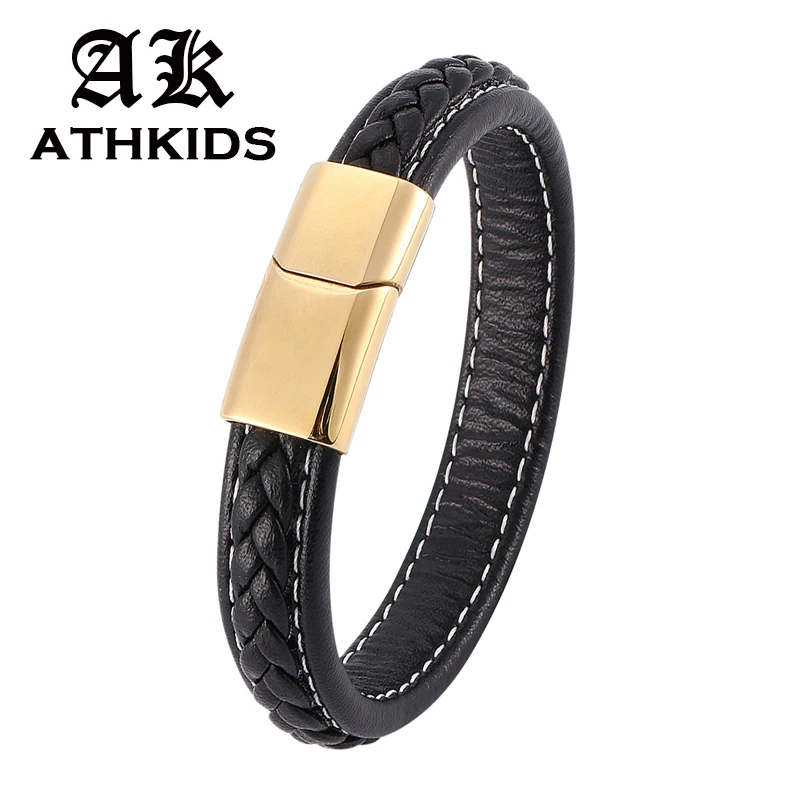 Черный Кожаный Плетеный мужской Браслет Золотая магнитная пряжка из нержавеющей