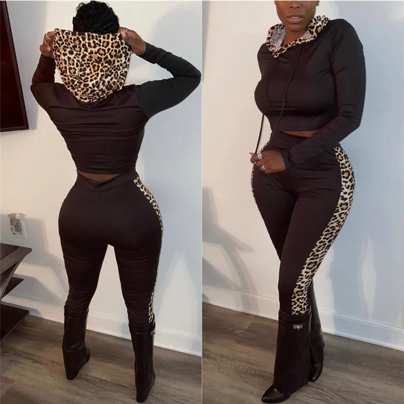 

Women Casual 2 Piece Outfits Fall Spring Long Sleeve Leopard Hooded Patchwork Cropped Hoodie +Leopard Splice Pants Set Tracksuit