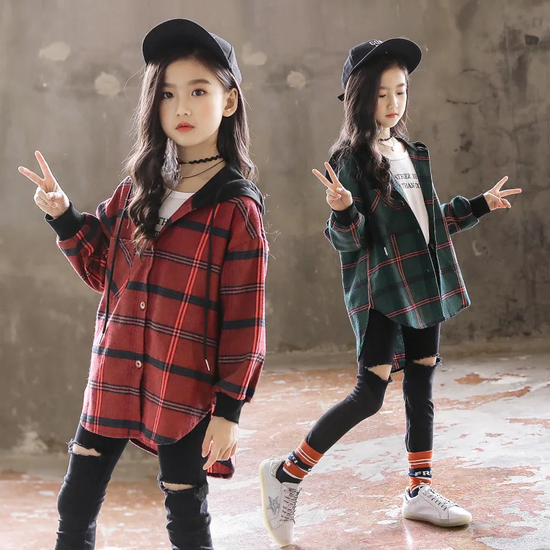 Hot 2019 Children Blouse Girl Cotton Green/Red Plaid Shirts for Teenagers Spring Autumn Fashion Hooded Cardigan Jacket 3 14Yrs|Блузки и