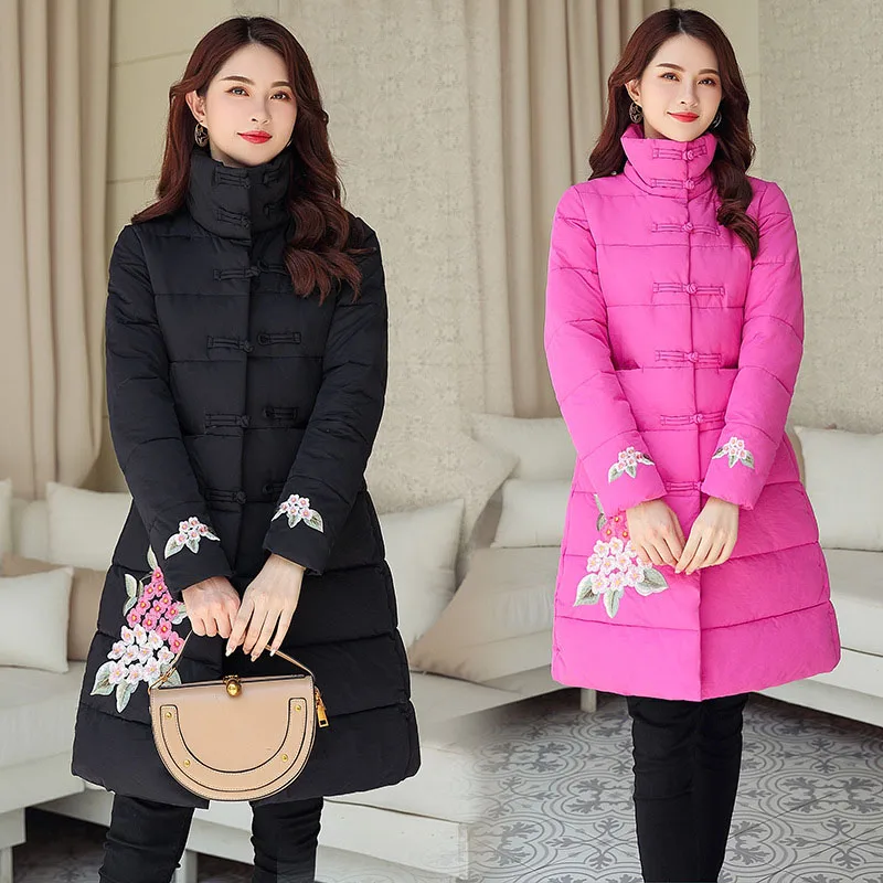 

Long Parka Winter Jacket Women 2019 National Style Embroidery Floral Turtleneck Stand Collar Quilted Down Cotton Padded Coat