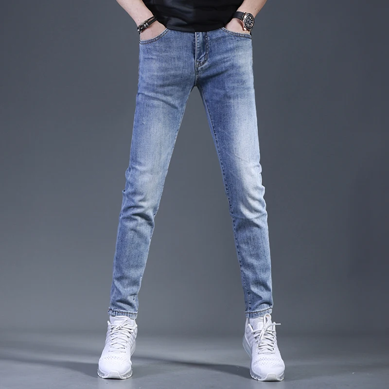 Summer Korean Style Men Gray Jeans Casual Slim Fit Pencil Pants Streetwear Denim Trousers