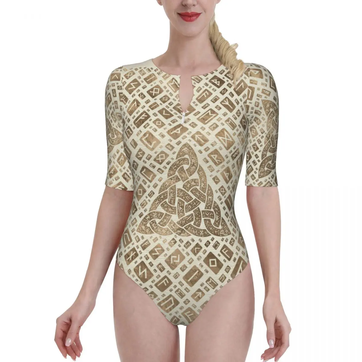 

Women 2021 Exotic Bikinis Triquetra And Futhark Runic Alphabet Half Sleeve Zip Women Swimsuit One-Piece Viking Nordic bathing