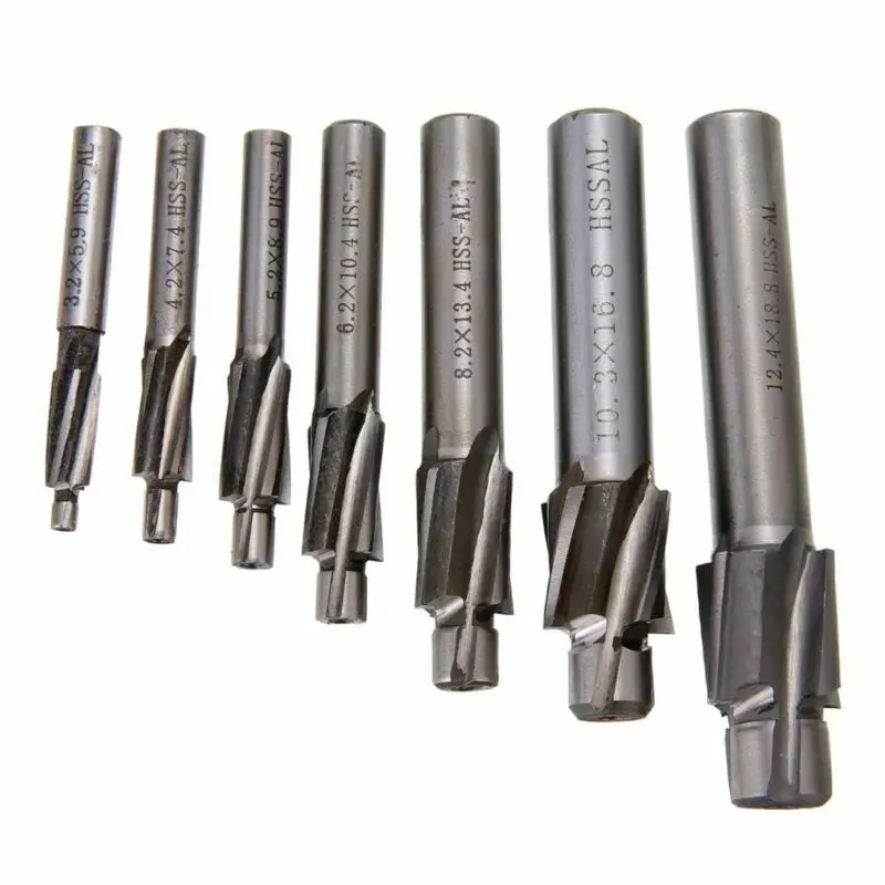 7pcs M3.2-M12.4 HSS Counterbore End Mill Pilot Slotting Tool Milling Cutter